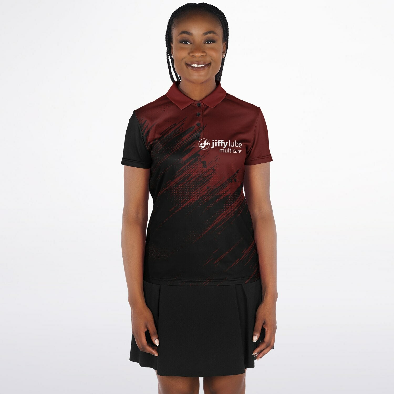 Jiffy Lube Black and Maroon Women's Polo Shirt Design 1