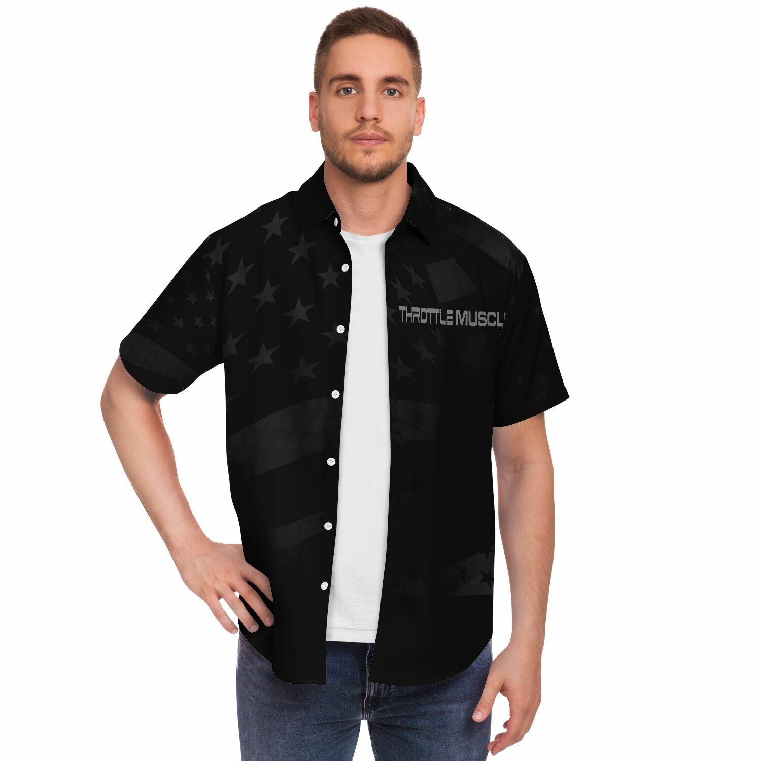 Throttle Muscle Grunge Flag Button Up Short Sleeve Shirt