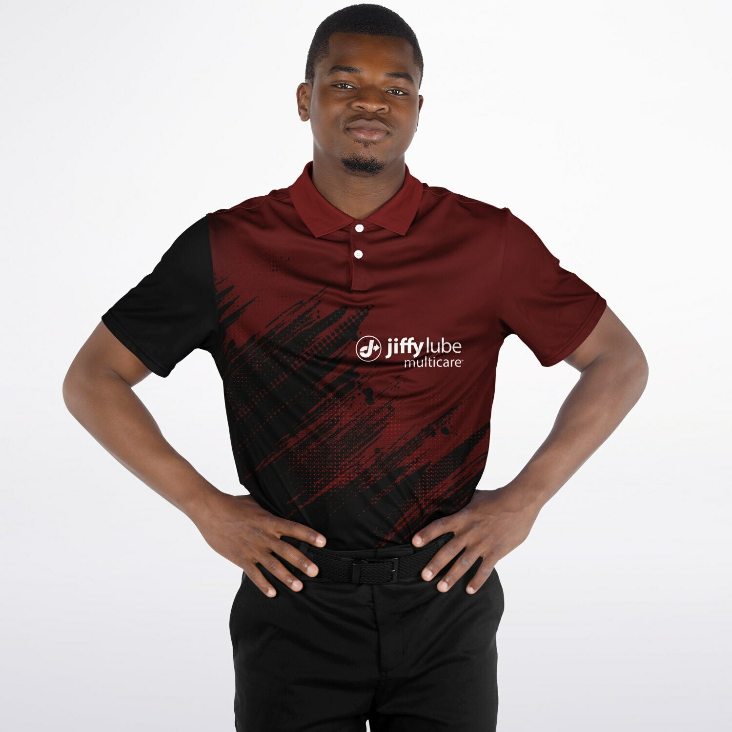 Jiffy Lube Black and Maroon Men's Polo Shirt Design 1