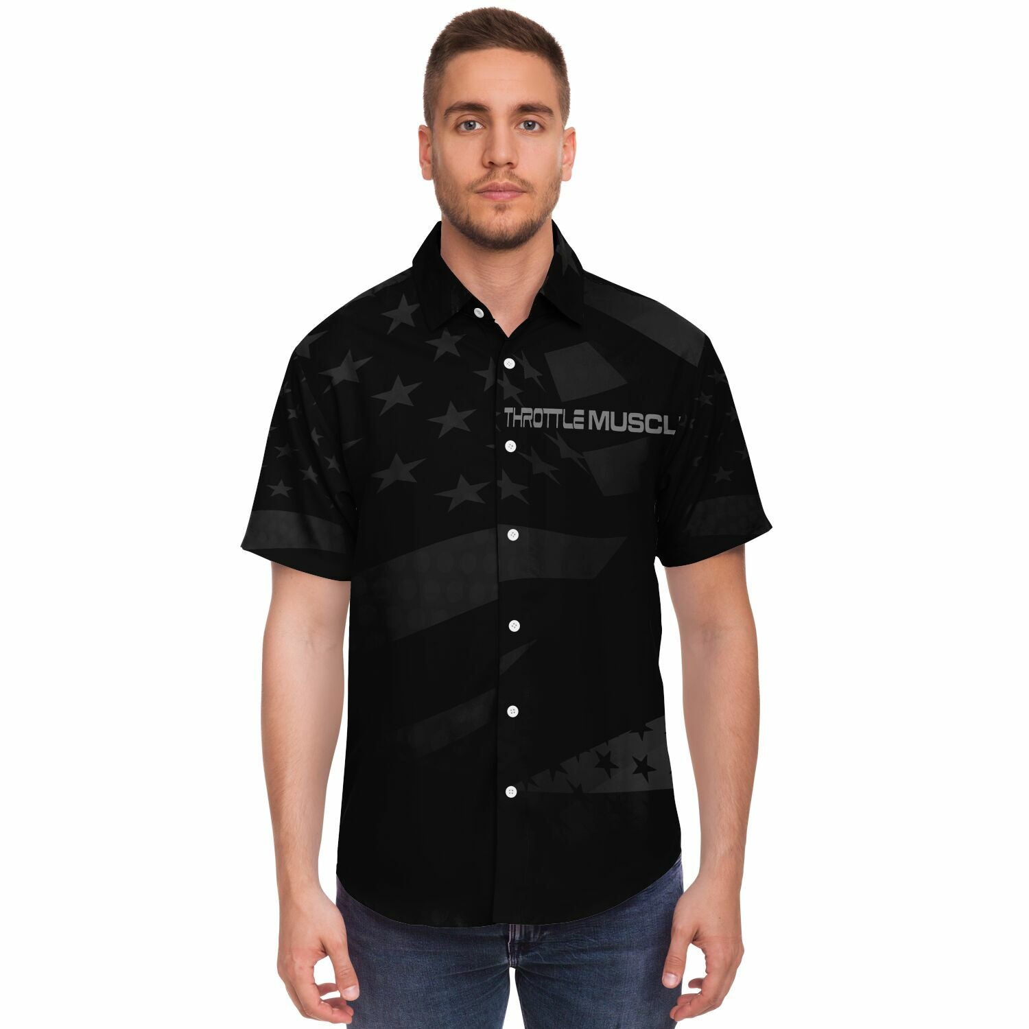 Throttle Muscle Grunge Flag Button Up Short Sleeve Shirt