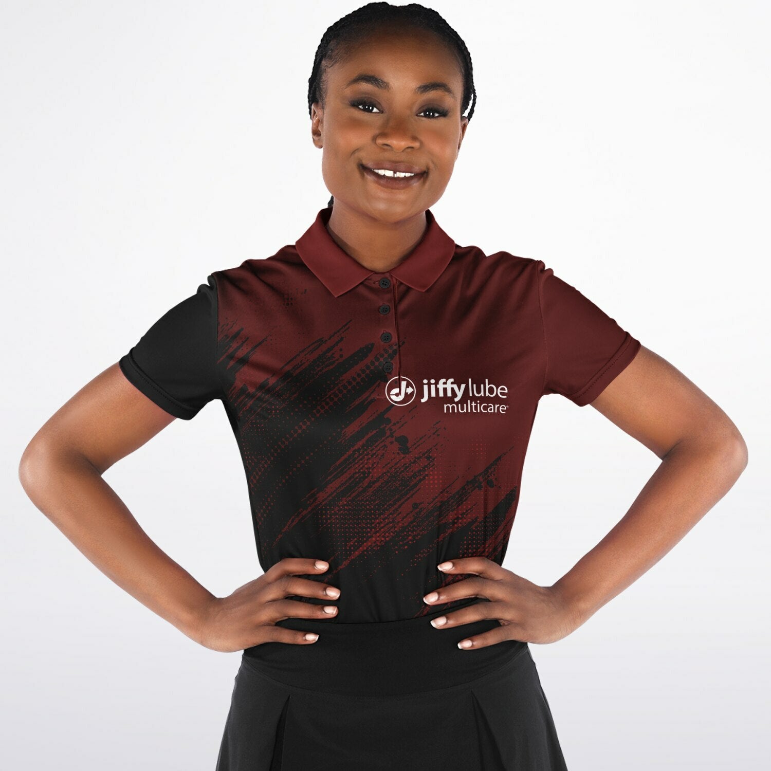 Jiffy Lube Black and Maroon Women's Polo Shirt Design 1