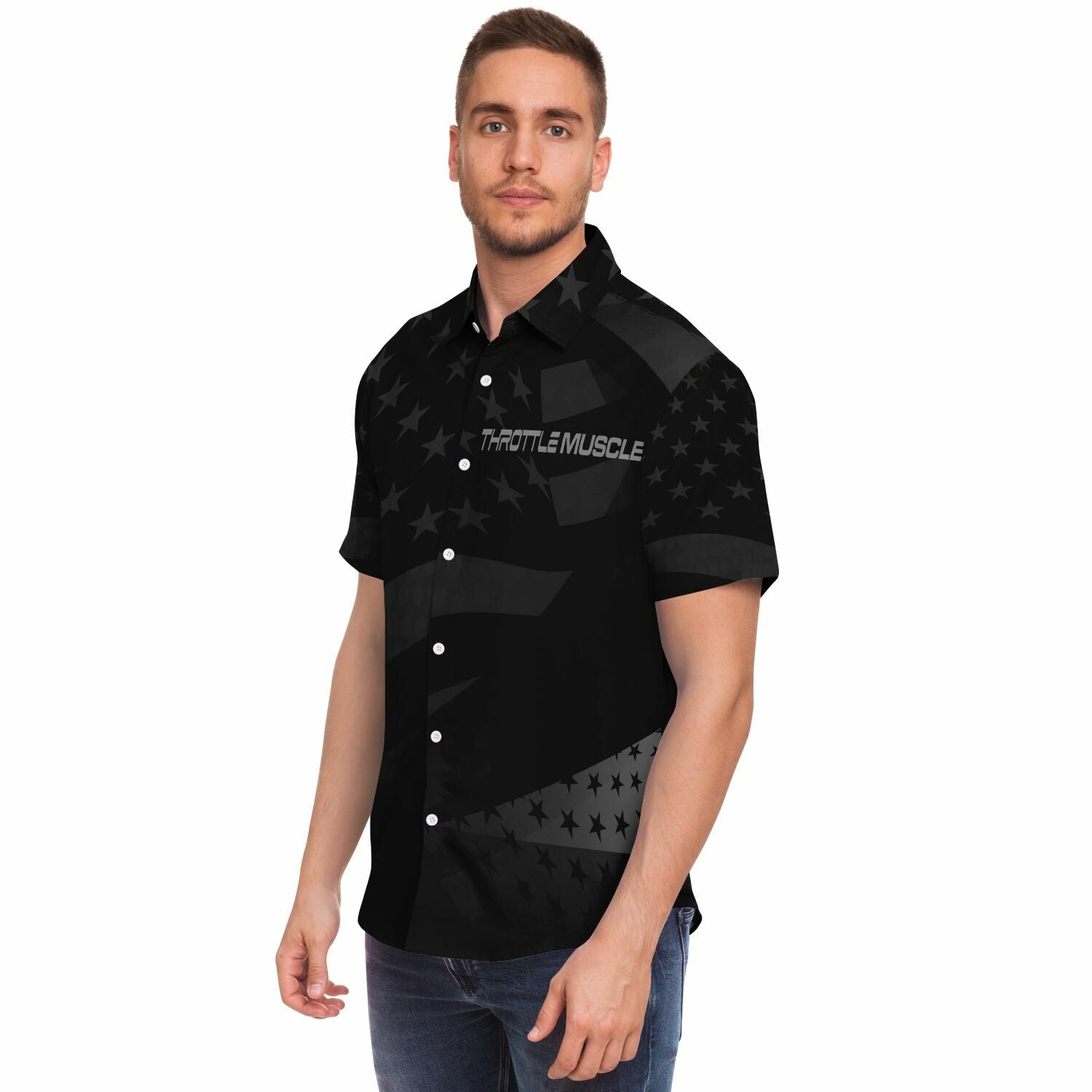 Throttle Muscle Grunge Flag Button Up Short Sleeve Shirt