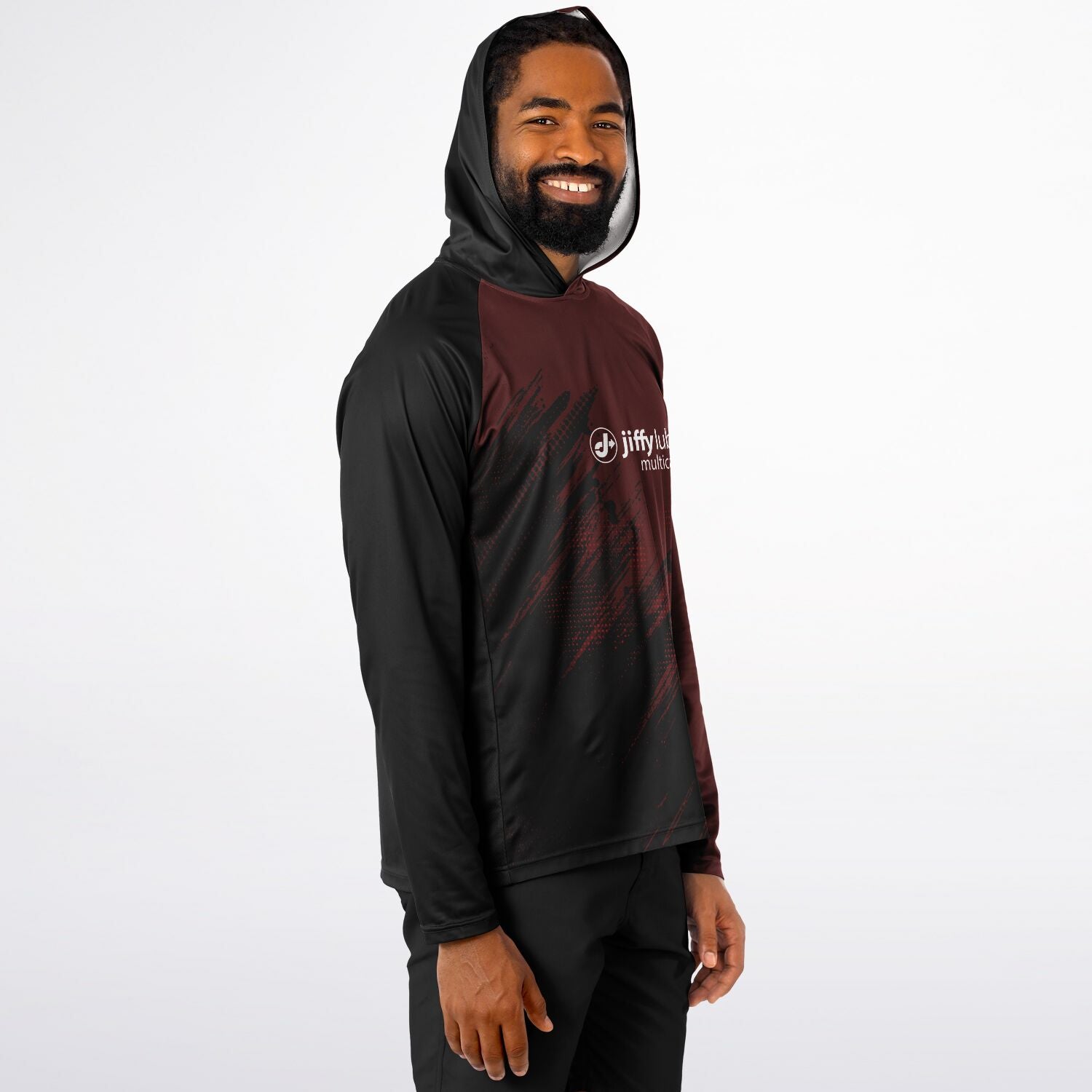 Jiffy Lube Black and Maroon Men's Long Sleeve Hooded Performance Shirt