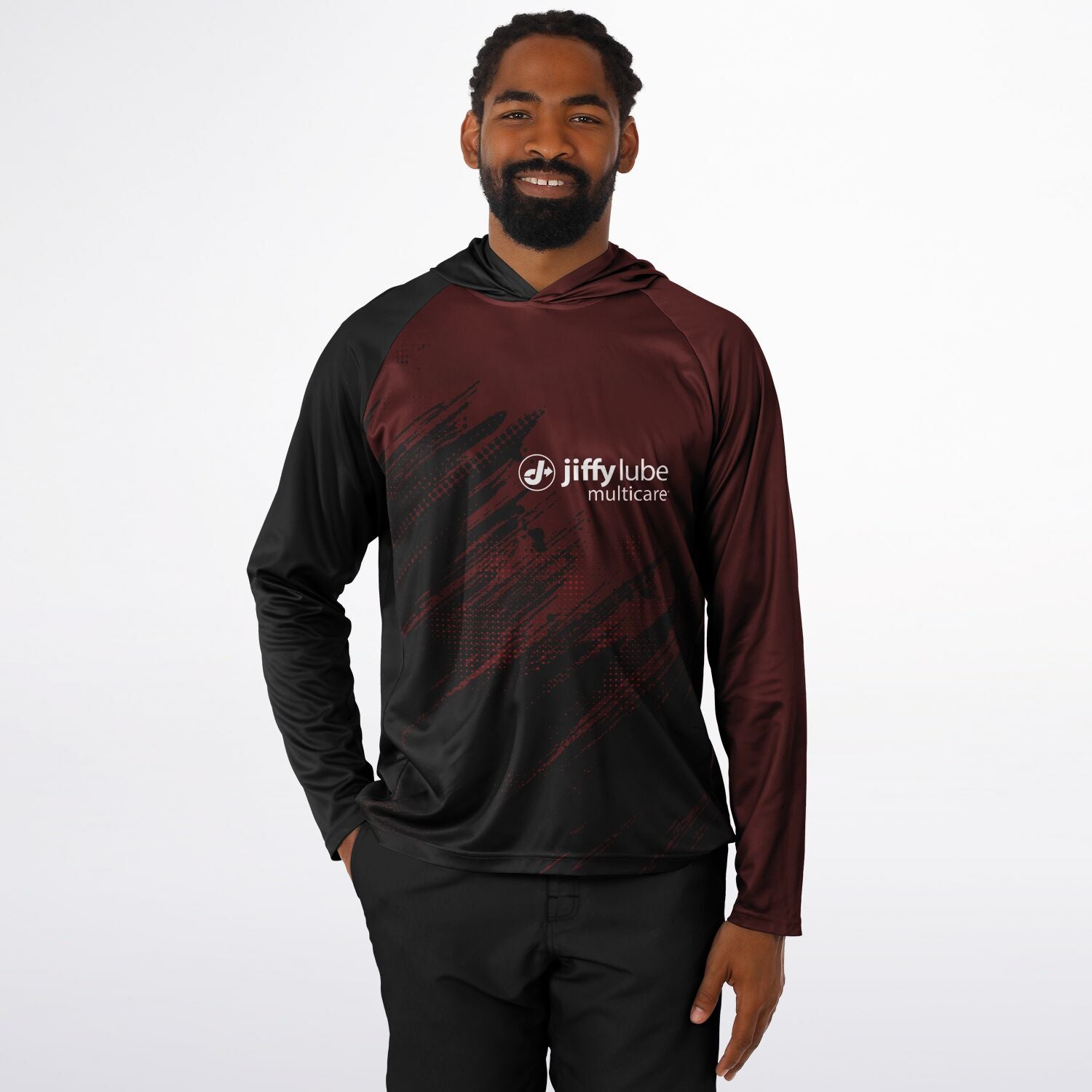 Jiffy Lube Black and Maroon Men's Long Sleeve Hooded Performance Shirt